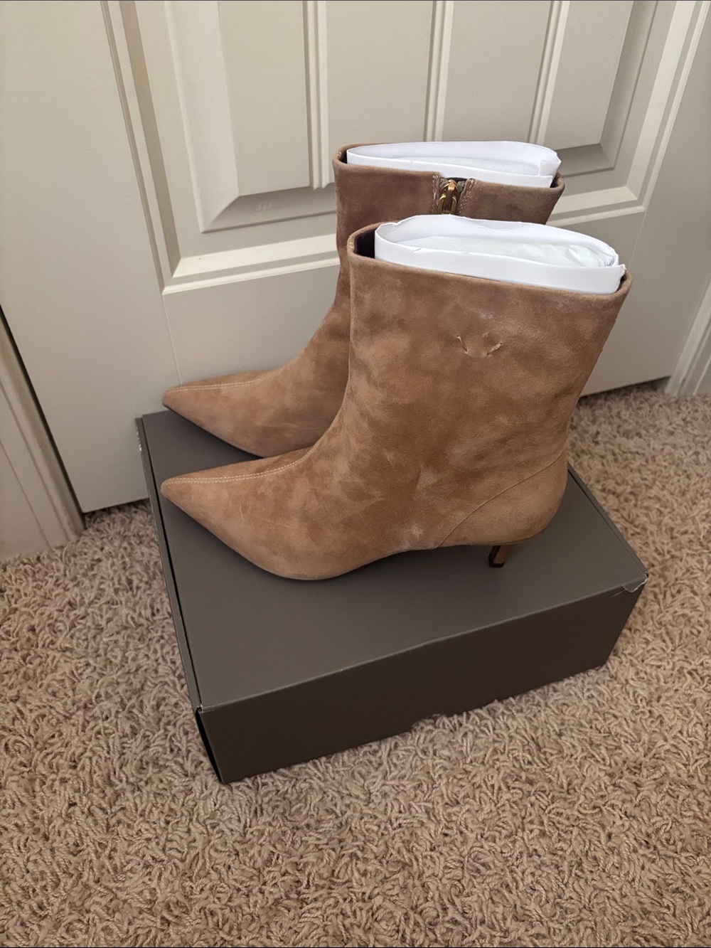 Franco Sarto Beige Suede Pointed-Toe Kitten Heel Ankle Boots